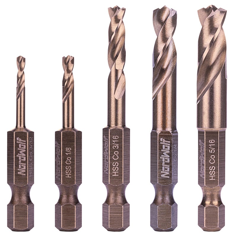 NordWolf 5-Piece M35 Cobalt Stubby Drill Bit Set for Stainless Steel & Hard Metals  with 1/4"" Hex Shank for Quick Chucks & Impact Drivers  SAE Sizes 3/32""-1/8""-3/16""-1/4""-5/16"" in Storage Case - Image 1
